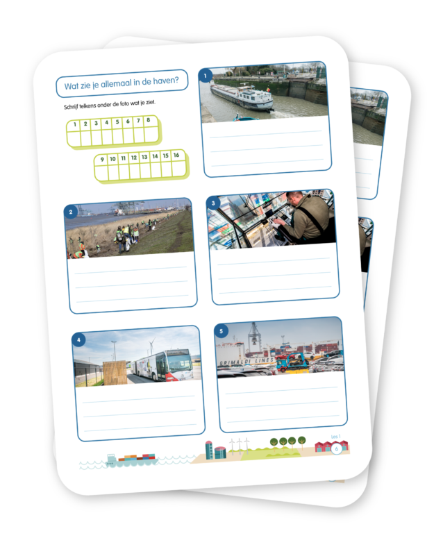 Twee lege invulblaadjes van het lespakket voor het lager onderwijs met daarop enkele foto’s en de vraag wat er allemaal te zien is in de haven. © Havenwereld