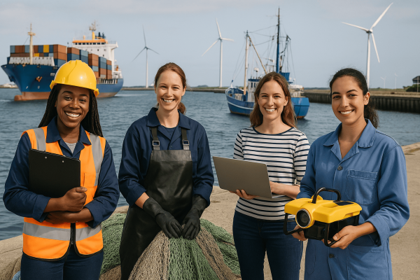 AI gegenereerde foto met 4 vrouwen die een werkuniform dragen in een haven